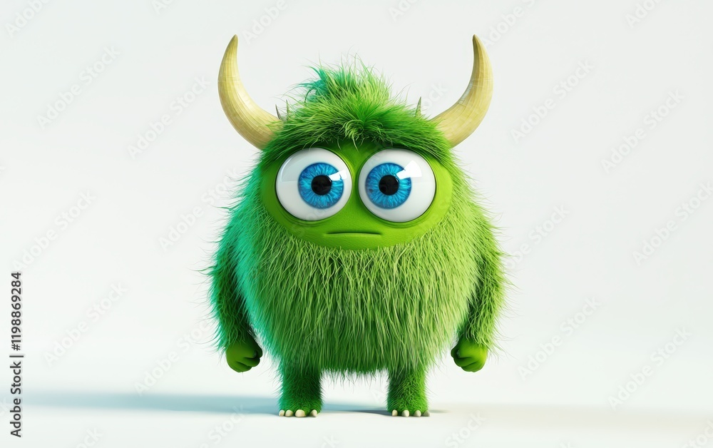 Naklejka premium 3D funny fluffy bright green monster with horns and big blue eyes, cartoon character standing on a bright white background