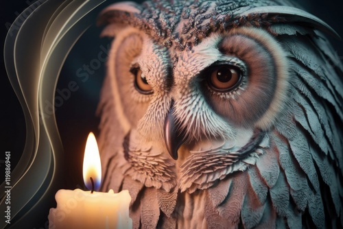 A majestic owl gazes intently beside a flickering candle, creating a mystical and serene atmosphere. photo