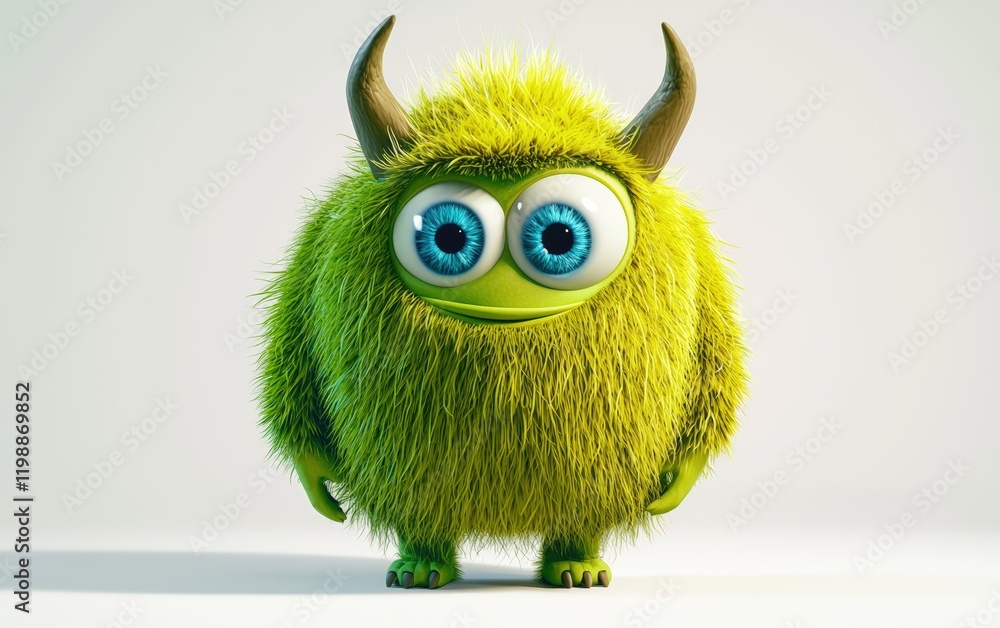 Fototapeta premium 3D funny fluffy lime green monster with horns and big blue eyes, cartoon character standing on a bright white background