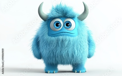3D funny fluffy light blue monster with horns and big blue eyes, cartoon character standing on a bright white background