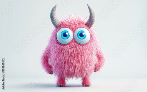 3D funny fluffy pastel pink monster with horns and big blue eyes, cartoon character standing on a bright white background