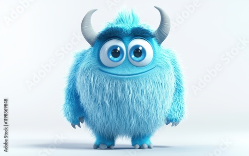 3D funny fluffy light blue monster with horns and big blue eyes, cartoon character standing on a bright white background