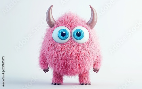 3D funny fluffy pastel pink monster with horns and big blue eyes, cartoon character standing on a bright white background