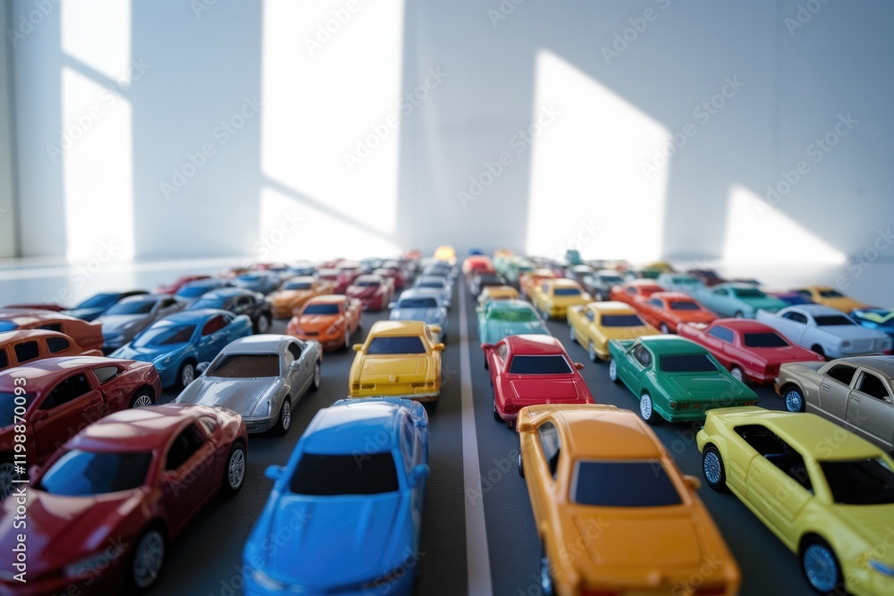 Fototapeta premium A long line of colorful toy cars creates a captivating miniature traffic jam scene.