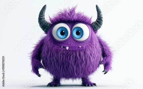 3D funny fluffy violet monster with horns and big blue eyes, cartoon character standing on a bright white background