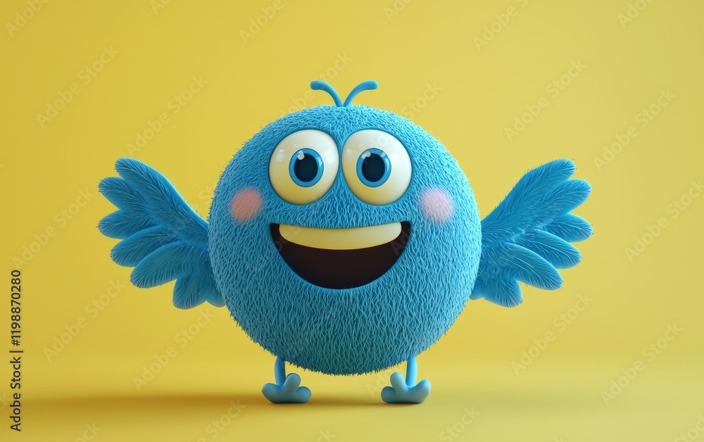 3D round blue monster with tiny wings and a happy expression, placed on a pastel yellow background 3D round blue monster with tiny wings and a happy expression, placed on a pastel yellow background