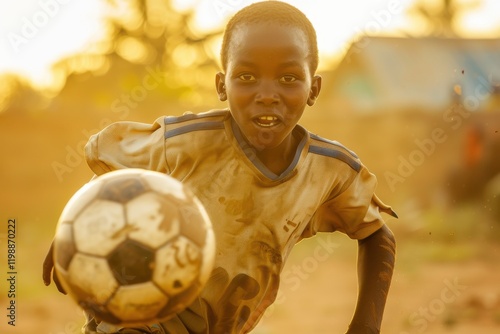 Young African boy plays soccer in a dusty village field. Golden sunset light bathes him as he controls the ball determination etched on his face. Worn jersey shows his passion.