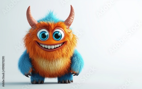 3d smiled and funny Fluffy bright monster with horns and big blue eyes, cartoon charachter standing on a bright white background