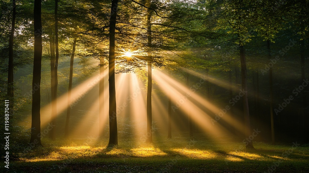 Fototapeta premium Sunbeams Illuminate Mystical Forest
