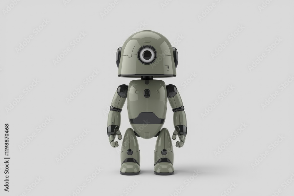 Naklejka premium A cute, green robot with a single eye, standing against a white background.