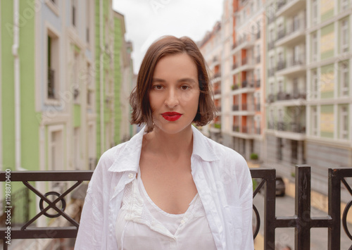 Portrait of a young woman in a white dress on the background of the city. Travelling concept photo