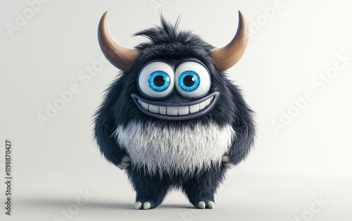 3d smiled and funny Fluffy bright monster with horns and big blue eyes, cartoon charachter standing on a bright white background