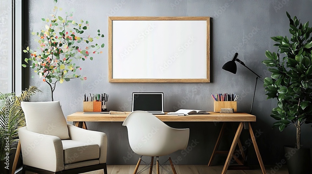 Design an empty wooden frame mockup on the wall of your home office, placed above a modern desk with a laptop and plants. Design an empty wooden frame mockup on the wall of your home office, placed above a modern desk with a laptop and plants.