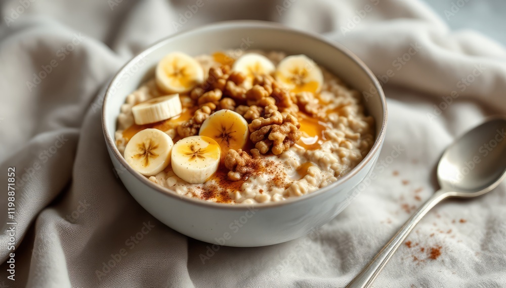 Oatmeal with Banana and Walnuts: A warm bowl of creamy oatmeal topped with sliced bananas, crunchy walnuts, and a drizzle of honey, perfect for a healthy and delicious breakfast. Oatmeal with Banana and Walnuts: A warm bowl of creamy oatmeal topped with sliced bananas, crunchy walnuts, and a drizzle of honey, perfect for a healthy and delicious breakfast.