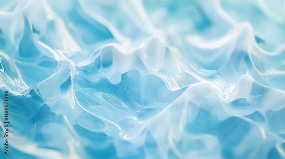 Obraz premium Peaceful water surface photography featuring interwoven ripple circles, delicate caustic light patterns, transparent liquid geometry, ethereal blue gradient fading to white, clean minimalist style,