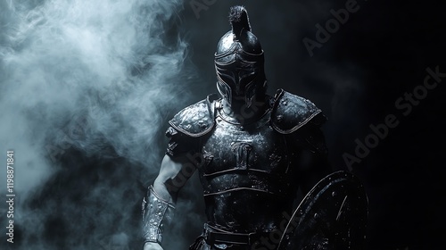 Obraz na płótnie Spartan warrior in a defensive position, black and white armor intricate, black backdrop and light white smoke w salonie