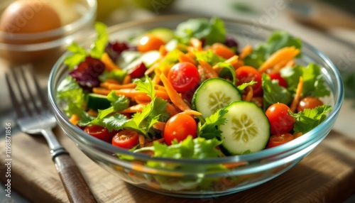 Vibrant Vegetable Salad: A refreshing and healthy salad brimming with colorful vegetables like lettuce, cherry tomatoes, shredded carrots, and cucumber slices, served in a clear glass bowl. photo