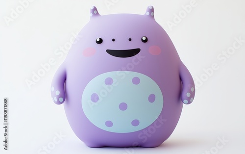 A chubby purple 3D monster with a rounded tummy, tiny navel, and light blue polka dots, smiling on a clean white background photo