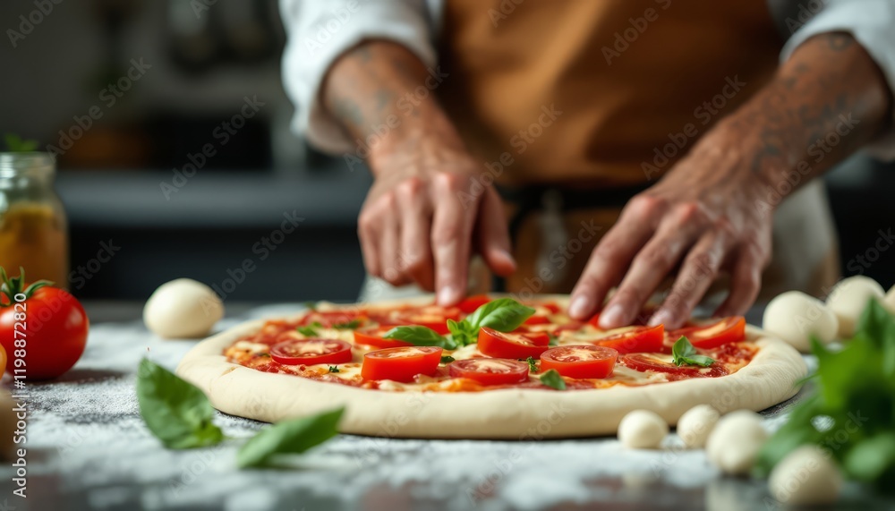 Pizza Perfection: A skilled chef meticulously arranges fresh basil leaves atop a vibrant tomato and cheese pizza, showcasing the artistry and passion behind creating a culinary masterpiece. Pizza Perfection: A skilled chef meticulously arranges fresh basil leaves atop a vibrant tomato and cheese pizza, showcasing the artistry and passion behind creating a culinary masterpiece.