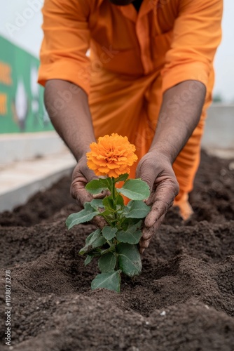 Sustainable Urban Renewal Community-Driven Flower Planting on Concrete StreetsEco-Friendly Aesthetic for Enhanced Cityscapes and Community Engagement photo