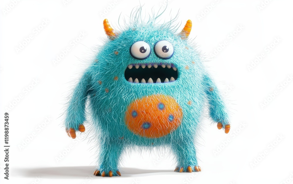 Obraz premium A glowing blue 3D monster with fuzzy fur, a round tummy with a cute navel, and bright orange polka dots, standing out on a vivid white backdrop