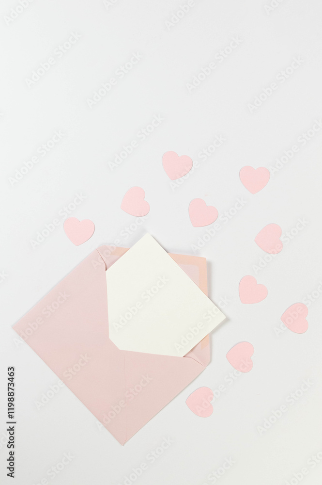 Top view of pink envelope, white card on white background. Valentine's day, pink hearts, love. Post flat lay, copy space. Top view of pink envelope, white card on white background. Valentine's day, pink hearts, love. Post flat lay, copy space.