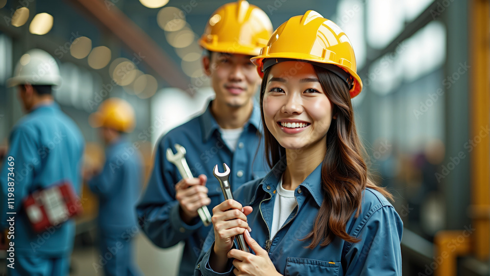 Asian man and woman in a bright helmet and work uniform, smiling and holding a wrench Asian man and woman in a bright helmet and work uniform, smiling and holding a wrench