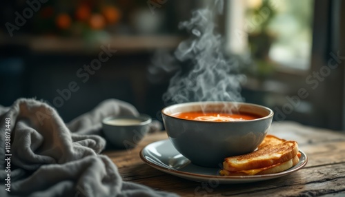 Warmth and Comfort: A steaming bowl of tomato soup with grilled cheese croutons on a rustic wooden table,  a warm blanket thrown over the side, creating a comforting and cozy atmosphere.  photo