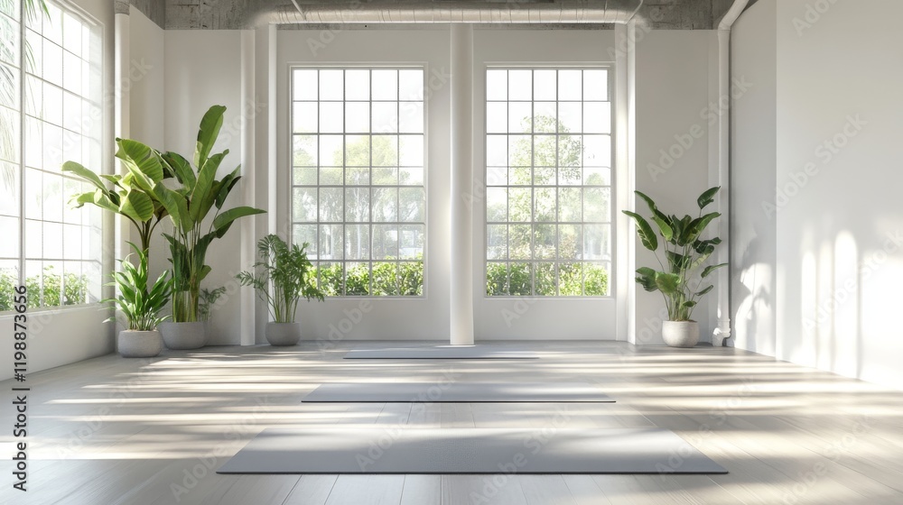 minimalist yoga studio interior, large bright windows, potted tropical plants, white walls, grey yoga mat, natural light streaming, wooden flooring, clean aesthetic minimalist yoga studio interior, large bright windows, potted tropical plants, white walls, grey yoga mat, natural light streaming, wooden flooring, clean aesthetic
