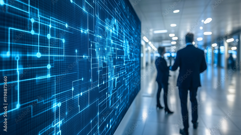Data-Driven Decisions: Two businessmen converse in a futuristic office space, framed by a dynamic digital wall display pulsating with interconnected data streams. Data-Driven Decisions: Two businessmen converse in a futuristic office space, framed by a dynamic digital wall display pulsating with interconnected data streams.