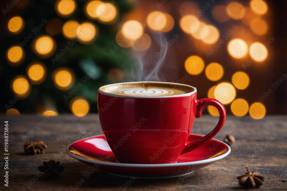 Fototapeta premium Hot Coffee in a Red cup on wooden table.
