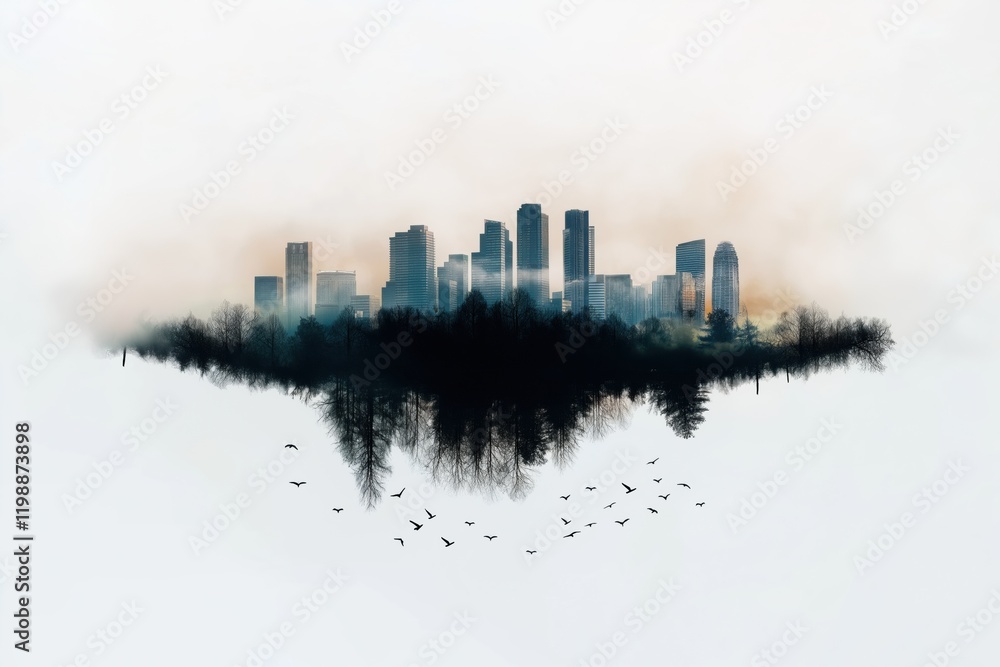 Obraz premium A city skyline is reflected in a body of water. The city is surrounded by trees and the water is murky. Scene is one of mystery and intrigue