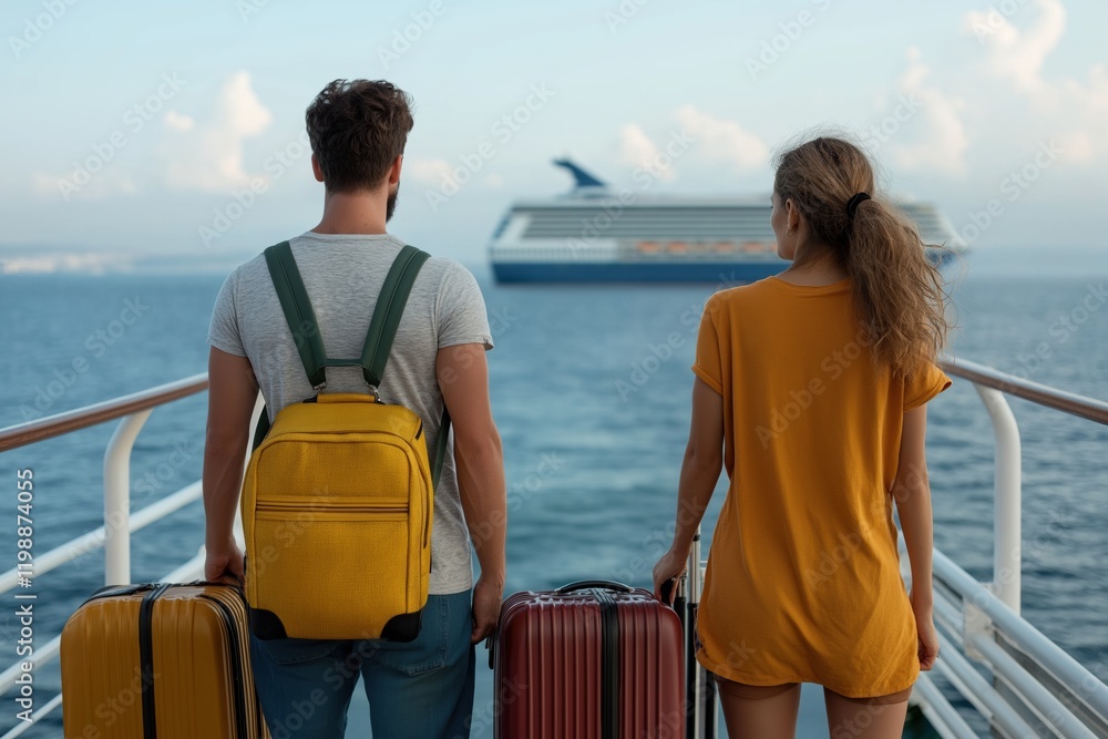 Fototapeta premium A man and woman are standing on a pier with their luggage, looking out at the ocean. Scene is one of excitement and anticipation for their upcoming trip