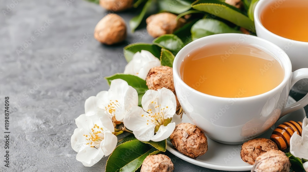 Herbal tea with honey and blossoms. Spring wellness drink Herbal tea with honey and blossoms. Spring wellness drink