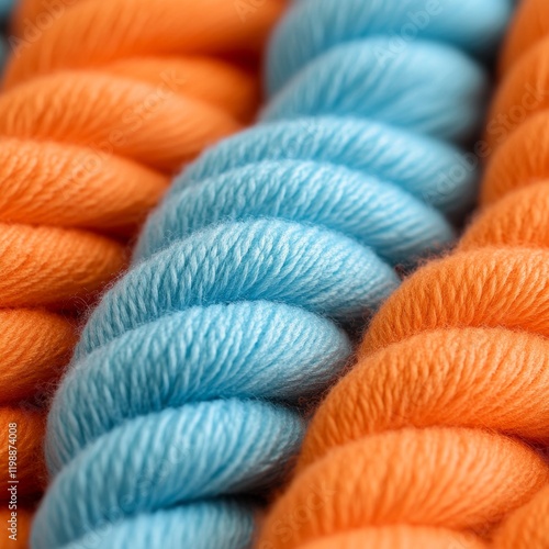 Contemporary Artisan Textile Macro View of Handwoven Geometric Patterns in Turquoise and Orange Yarn - Ideal for Modern Home Decor and Fashion Innovations photo