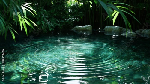 asian inspired water garden, fresh bamboo leaf border, luminous mint water reflections, concentric water rings, harmonious nature scene, contemplative pool surface, ethereal lighting photo