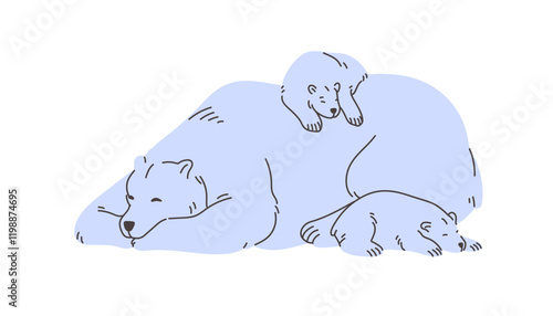 Cute asleep family of polar bears lying. White furry animal and its cubs have a rest together. Tired mother and babies of North Pole nap, relaxes. Arctic fauna. Flat isolated vector illustration