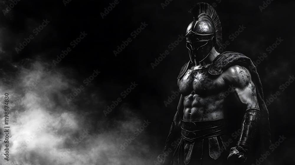 Spartan warrior in a commanding pose, black and white armor shining, with a black background and soft white smoke Spartan warrior in a commanding pose, black and white armor shining, with a black background and soft white smoke