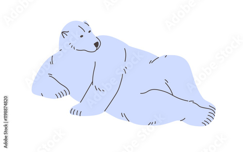 Cute polar bear lying in human pose. Big white animal of North Pole, tundra has a rest in funny posture. Comic arctic beast, furry character of Antarctica relaxes. Flat isolated vector illustration