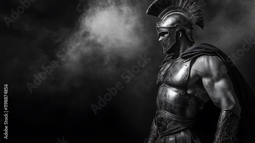 Spartan warrior in a commanding pose, black and white armor shining, with a black background and soft white smoke