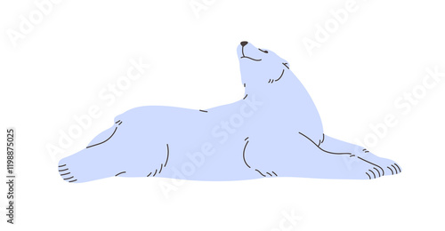 Amusing polar bear lying, stretching. Cute white arctic animal relaxes. Big furry inhabitant of North Pole has a rest. Wild fauna of Antarctica, predator of tundra. Flat isolated vector illustration