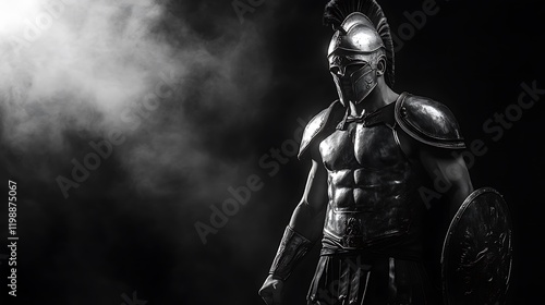 Spartan warrior in a commanding pose, black and white armor shining, with a black background and soft white smoke