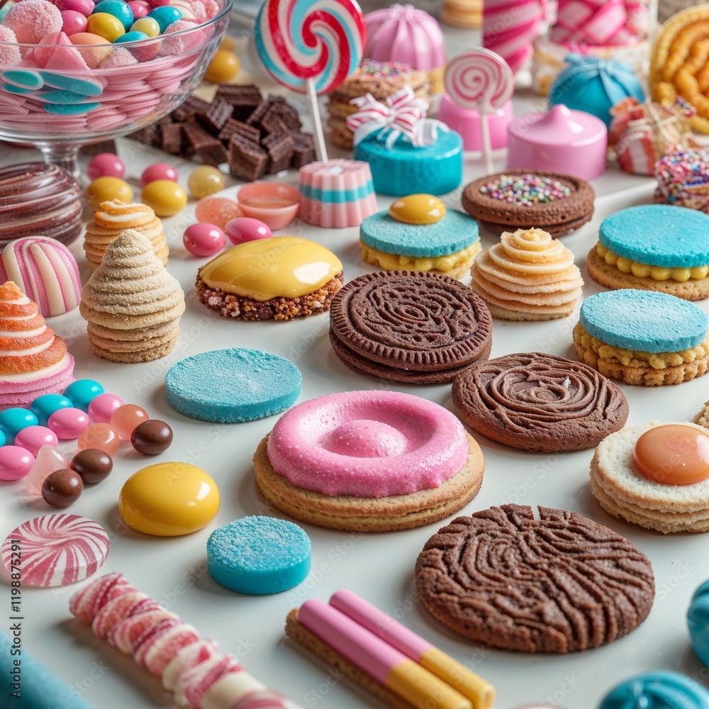 Vibrant Display of Candies, Sweets, Cookies, Pastries, Chocolate Bars, and Lollipops on Light Background, Colorful, Delicious, Sweet Treats Vibrant Display of Candies, Sweets, Cookies, Pastries, Chocolate Bars, and Lollipops on Light Background, Colorful, Delicious, Sweet Treats