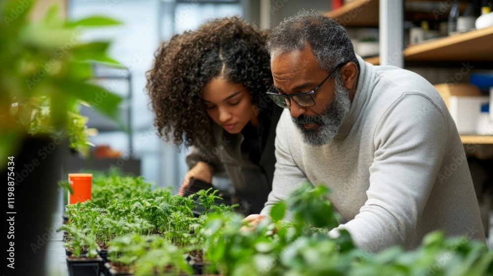 A young woman and an adult man attentively examine and care for seedlings in a greenhouse setting A young woman and an adult man attentively examine and care for seedlings in a greenhouse setting