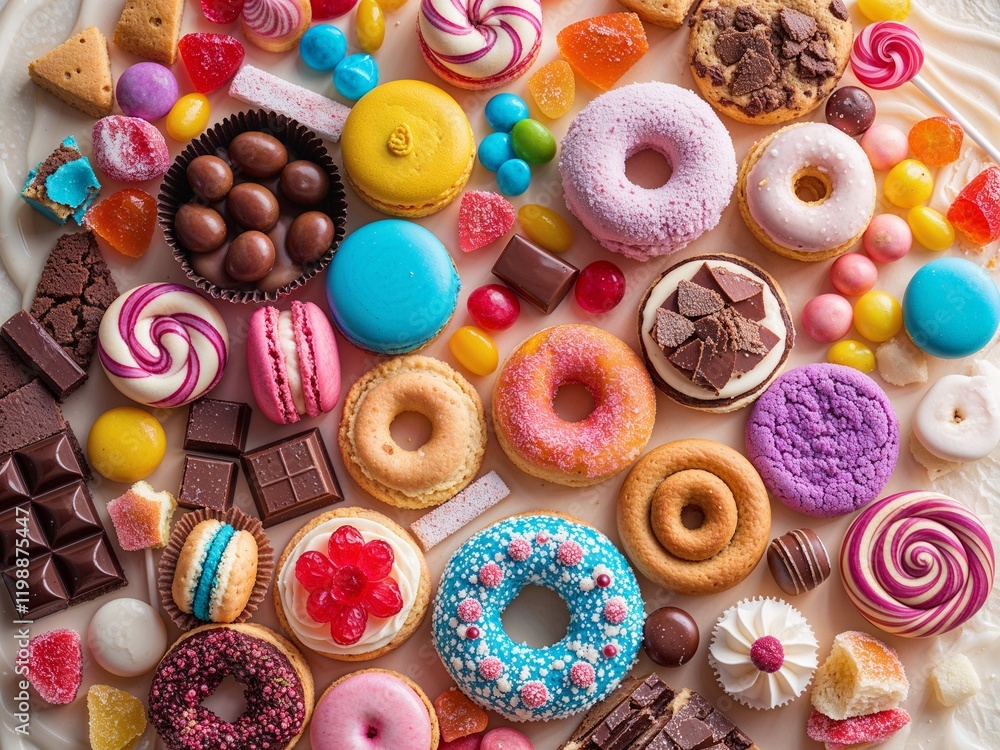 Fototapeta premium Vibrant Display of Candies, Sweets, Cookies, Pastries, Chocolate Bars, and Lollipops on Light Background, Colorful, Delicious, Sweet Treats