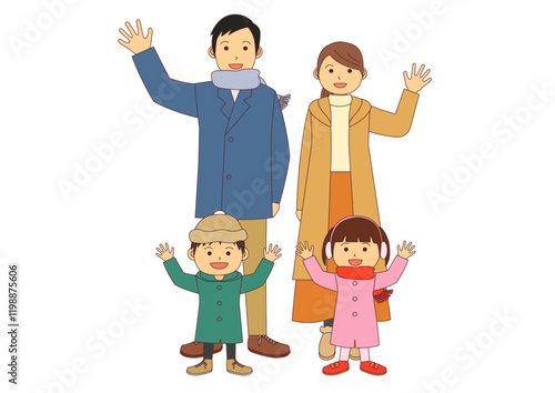 手を振る冬服の4人の家族のイメージイラスト_主線あり
