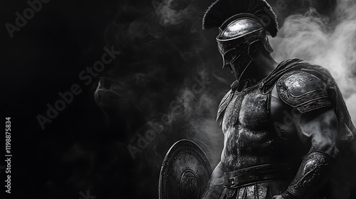 Spartan warrior standing ready, black and white armor detailed, black background with light white smoke swirling