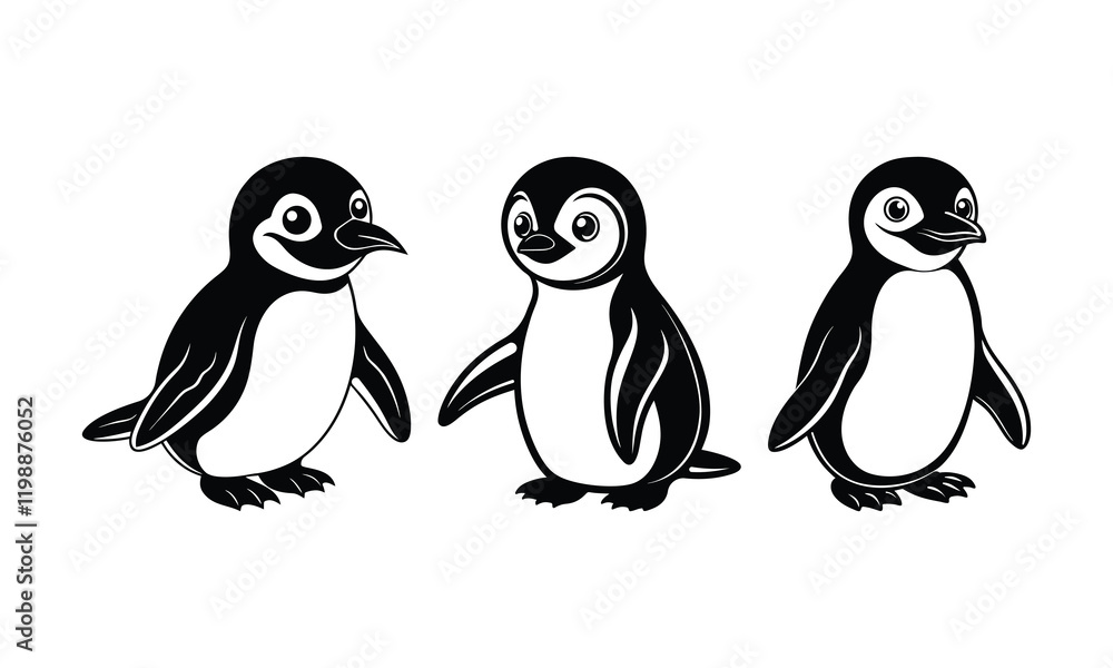 Naklejka premium penguin set black silhouette art illustration white background.