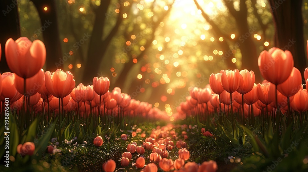 custom made wallpaper toronto digitalA serene path lined with blooming tulips, illuminated by soft sunlight in a tranquil forest.