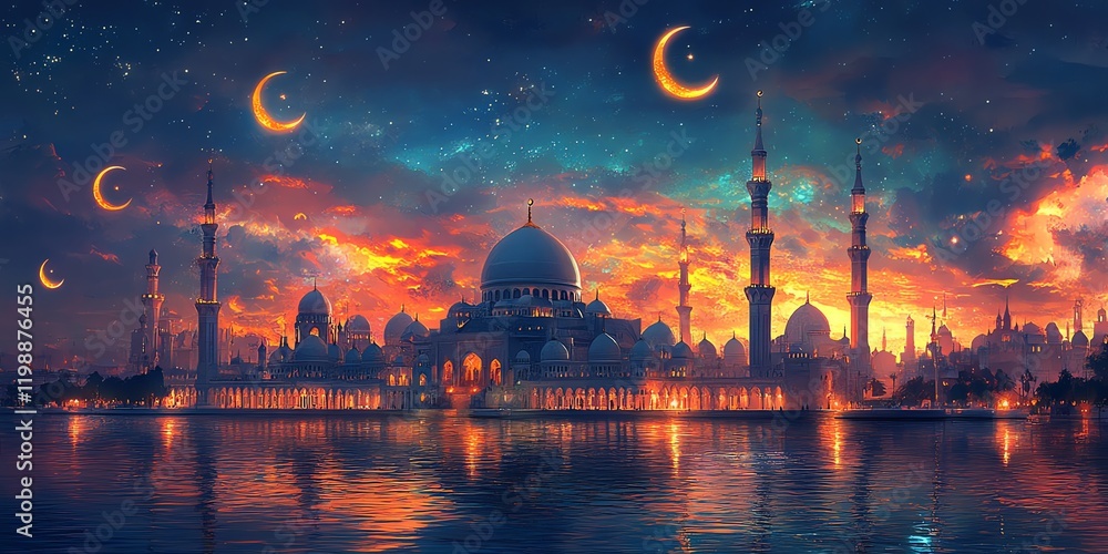 Fototapeta premium Majestic mosque at sunset with crescent moons.